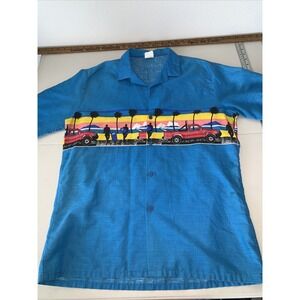 Vintage 80s Big Sur Hawaiian Shirt Palm Trees Button Up Camp L Blue Surfers OP